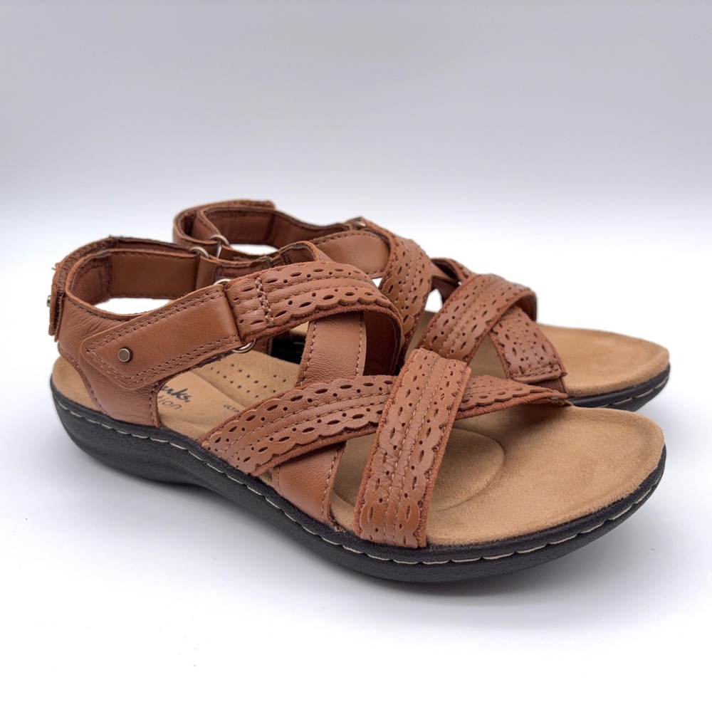 Clarks Laurieann Rena Sandals Womens Size 6W Wide Width Tan Leather